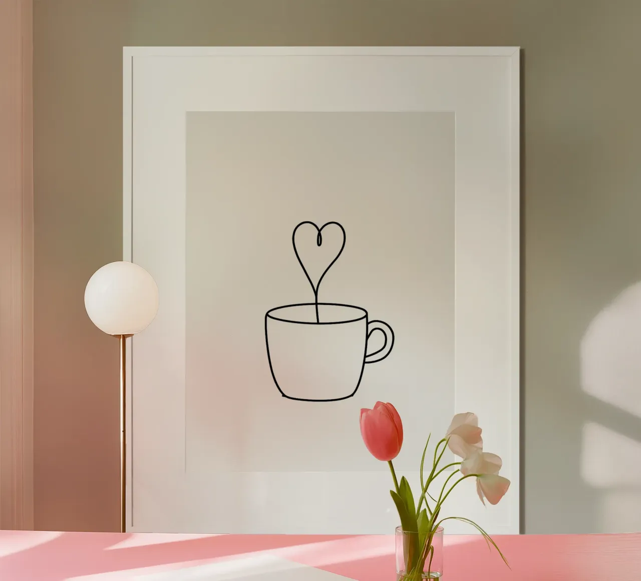 Tazza di caffè con cuore a vapore Line Art minimalista poster con telaio in alluminio da Amelia Roy