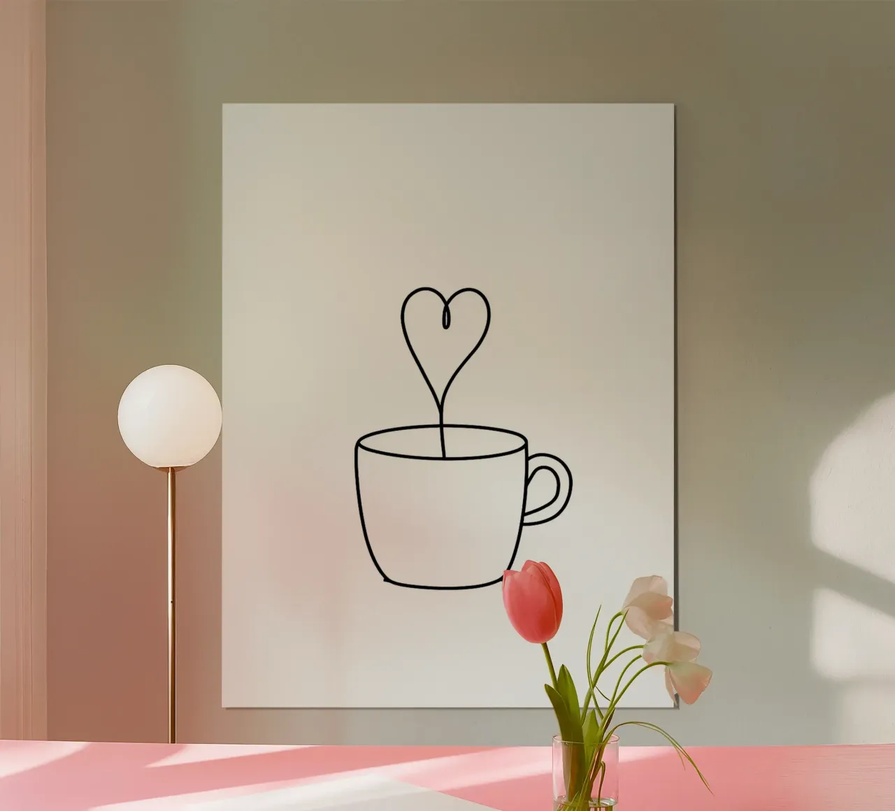Tazza di caffè con cuore a vapore Line Art minimalista poster con telaio in alluminio da Amelia Roy
