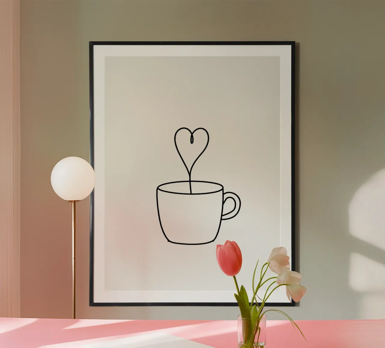 Tazza di caffè con cuore a vapore Line Art minimalista poster con telaio in alluminio da Amelia Roy