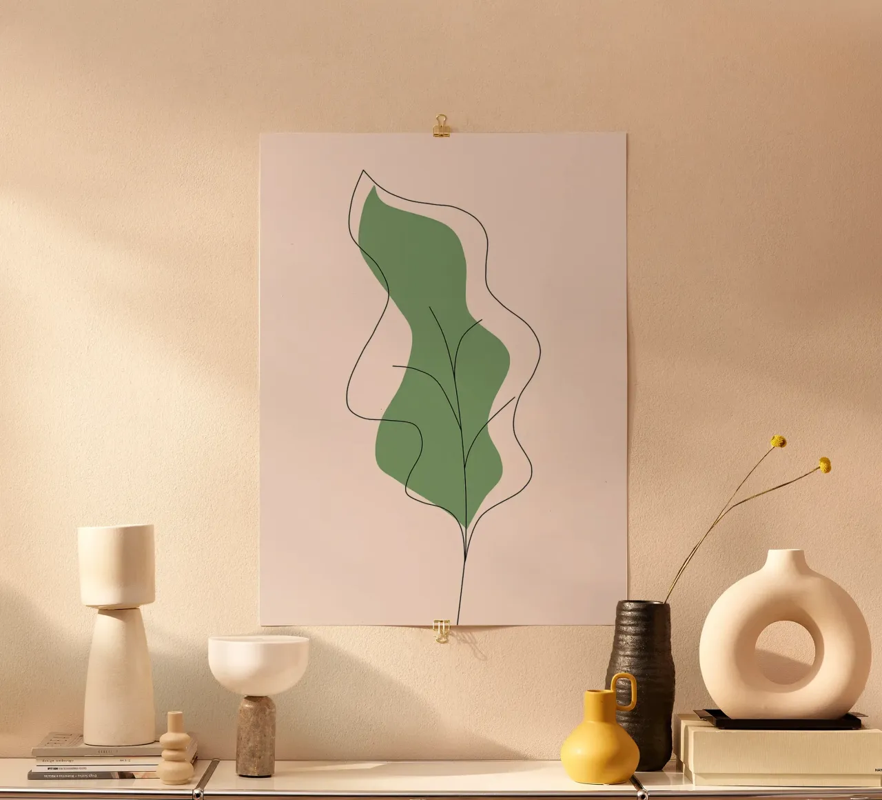 Line art minimalista a forma di foglia verde poster da Amelia Roy