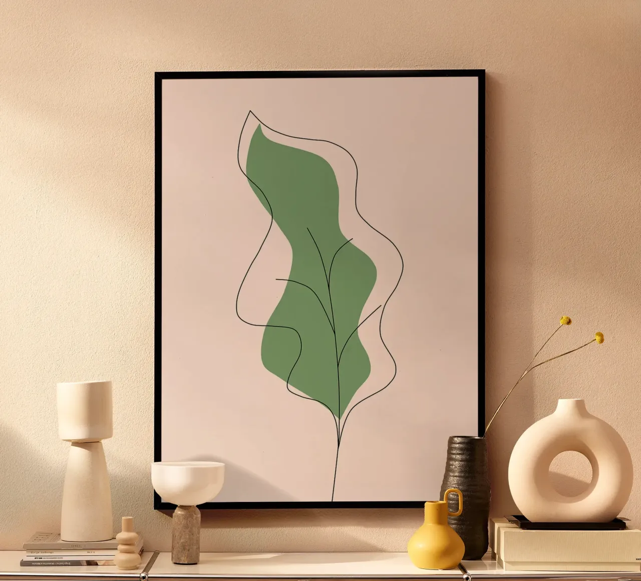 Line art minimalista a forma di foglia verde poster da Amelia Roy