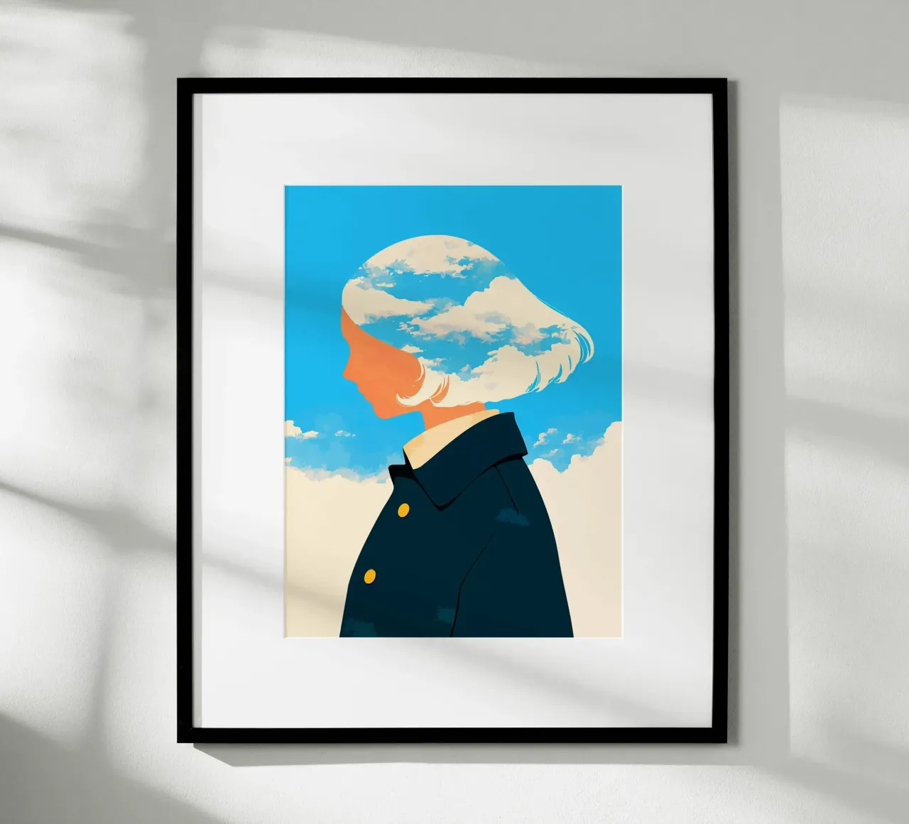 Donna e nuvole Illustrazione d'arte astratta minimalista poster con telaio in alluminio da Amelia Roy