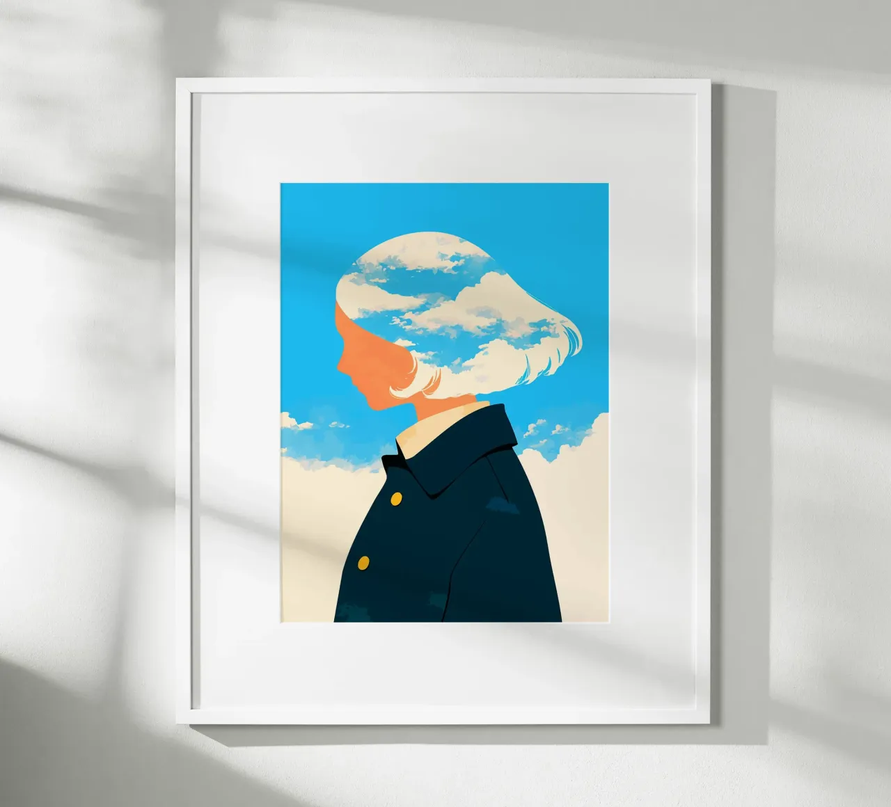 Donna e nuvole Illustrazione d'arte astratta minimalista poster con telaio in alluminio da Amelia Roy