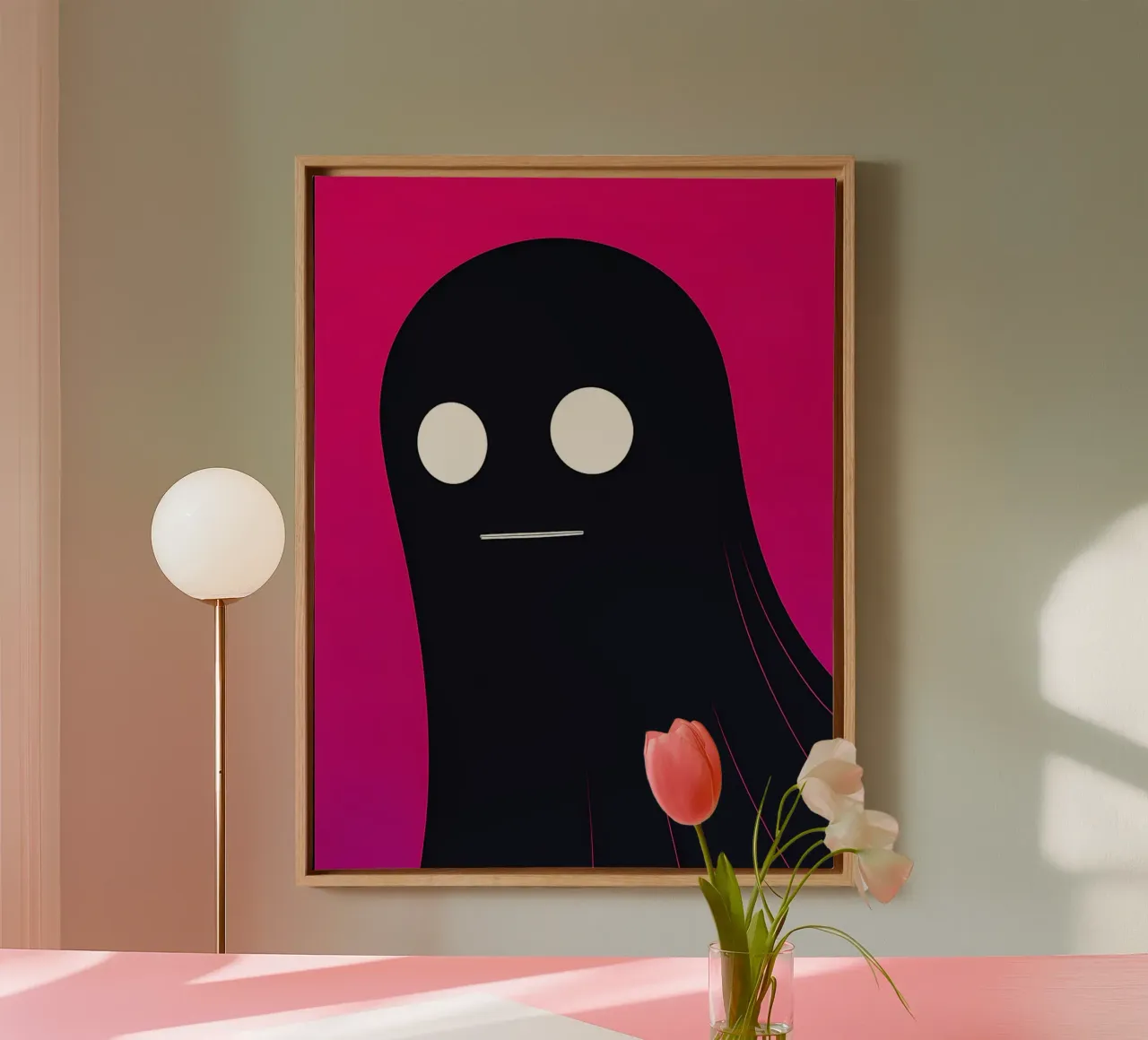 Minimalist Ghost Illustration on Pink Background canvas with Floater frame by Amelia Roy