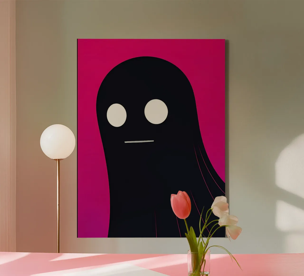 Minimalist Ghost Illustration on Pink Background canvas with Floater frame by Amelia Roy