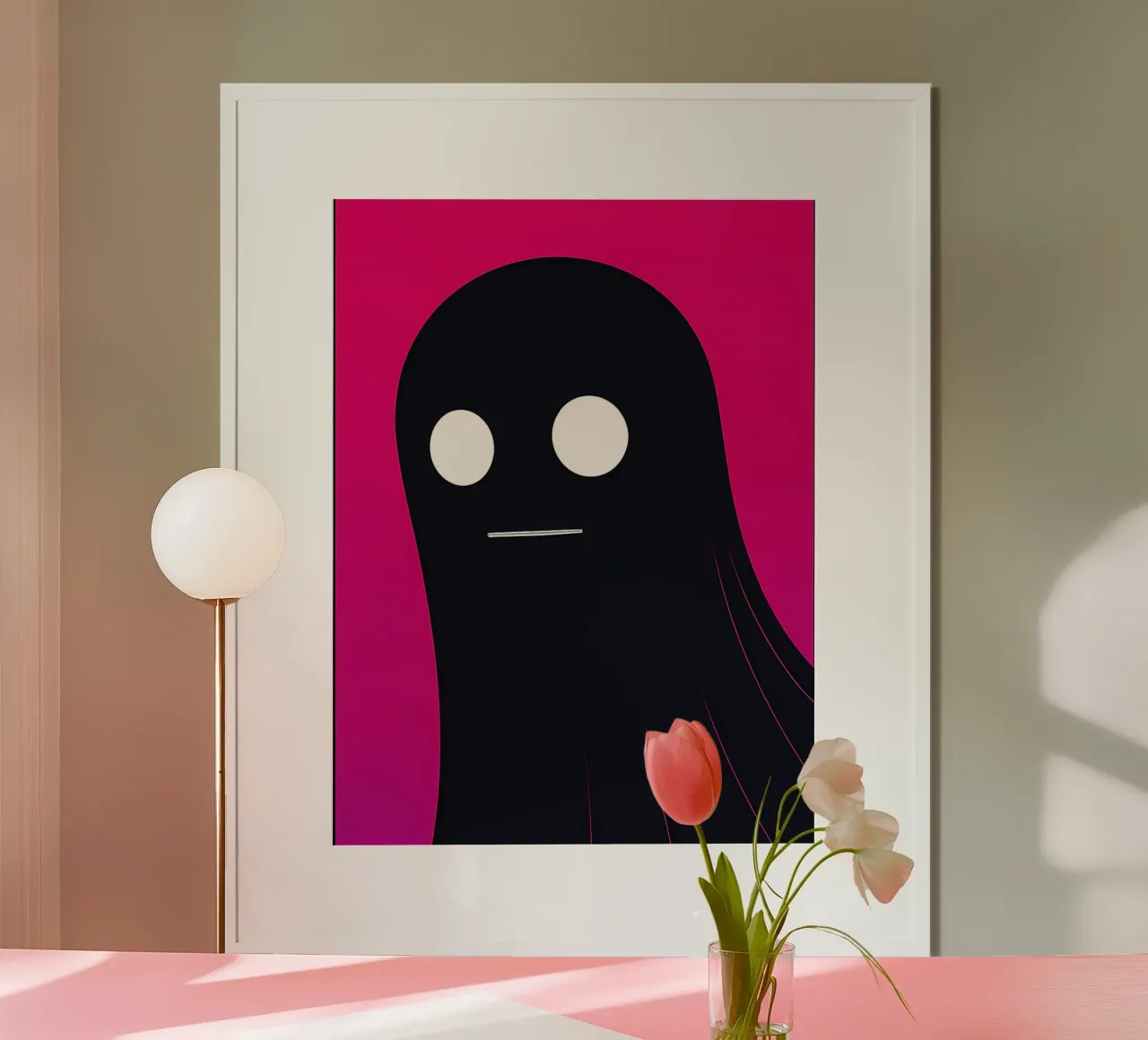Illustrazione minimalista di un fantasma su sfondo rosa poster con telaio in alluminio da Amelia Roy