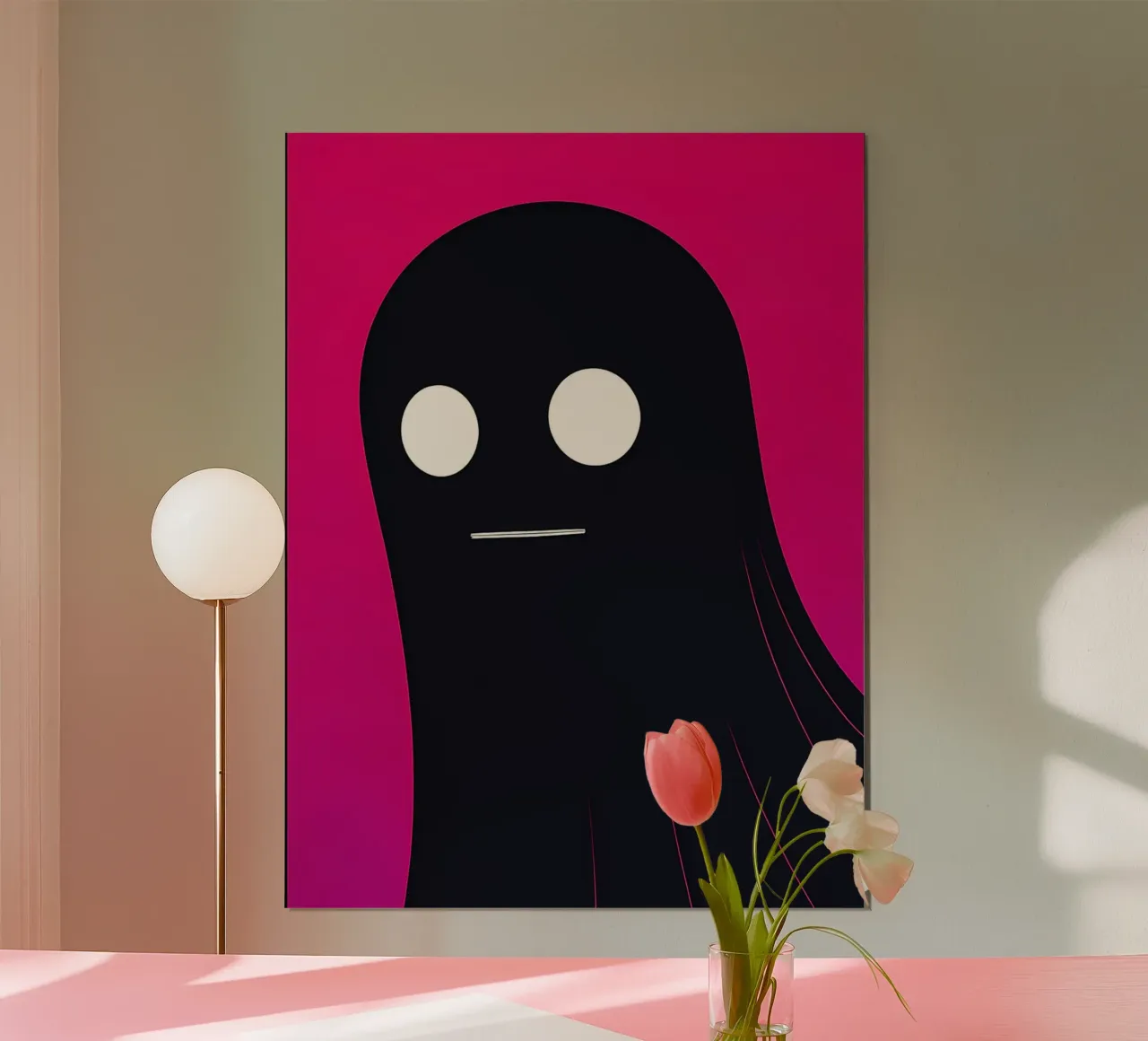 Illustrazione minimalista di un fantasma su sfondo rosa poster con telaio in alluminio da Amelia Roy