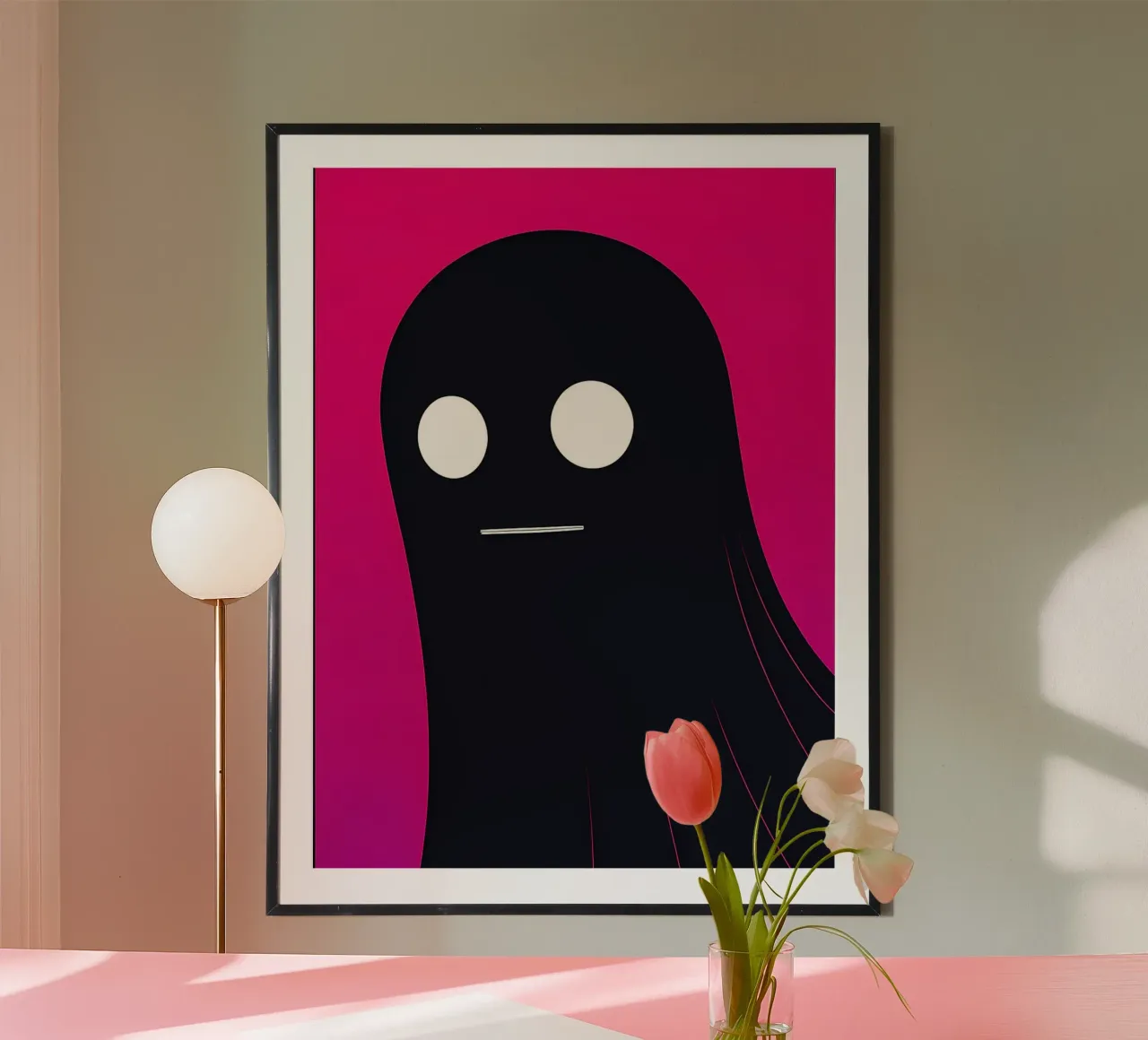 Illustrazione minimalista di un fantasma su sfondo rosa poster con telaio in alluminio da Amelia Roy