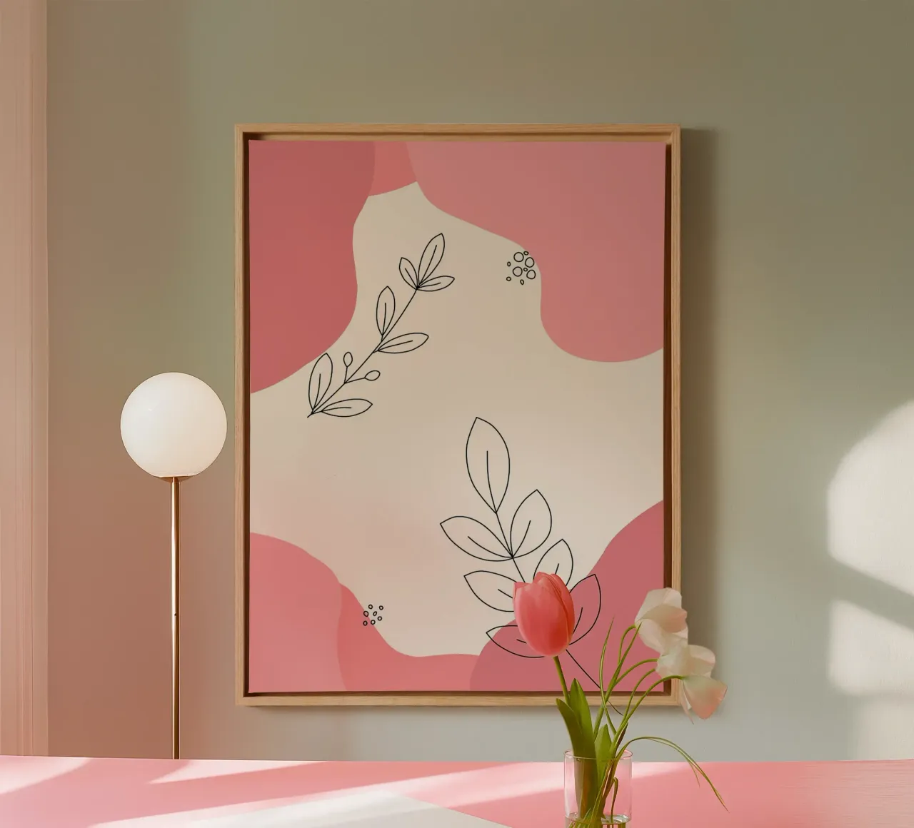 Abstracte bloemsierkunst met roze accenten canvas met Baklijst van Amelia Roy