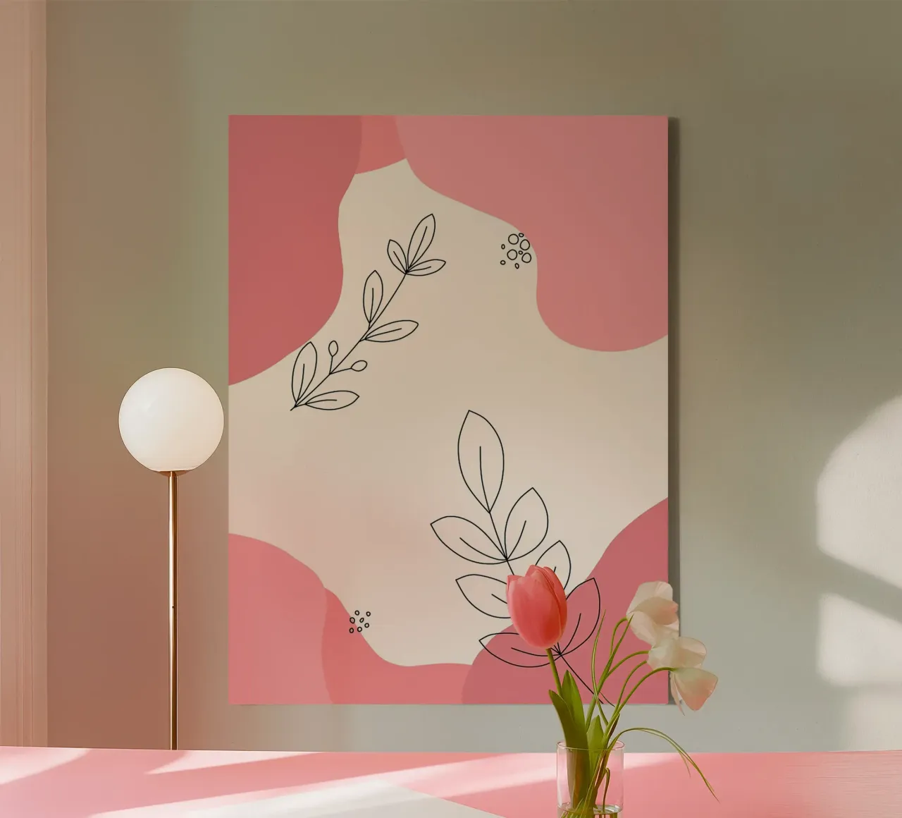 Abstracte bloemsierkunst met roze accenten canvas met Baklijst van Amelia Roy