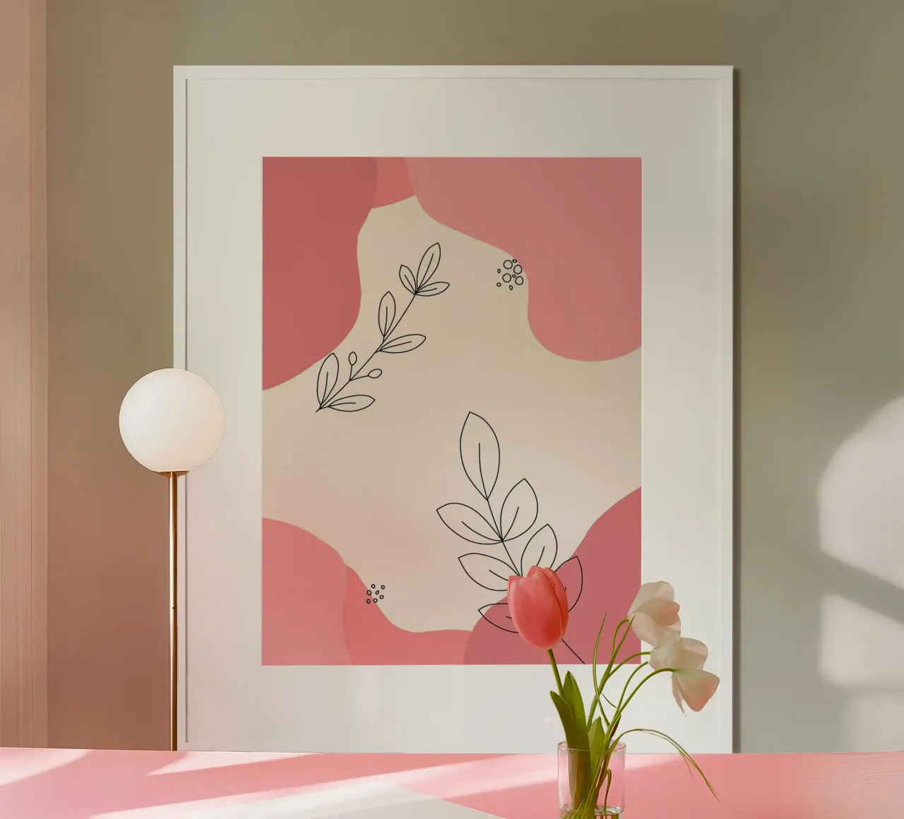 Arte floreale astratta con accenti rosa poster con telaio in legno da Amelia Roy