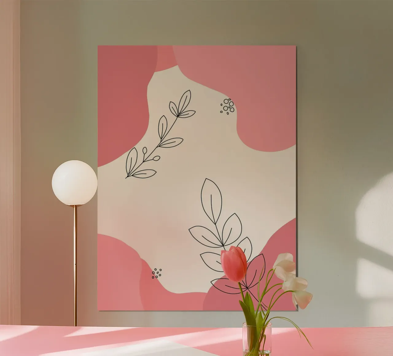 Arte floreale astratta con accenti rosa poster con telaio in legno da Amelia Roy
