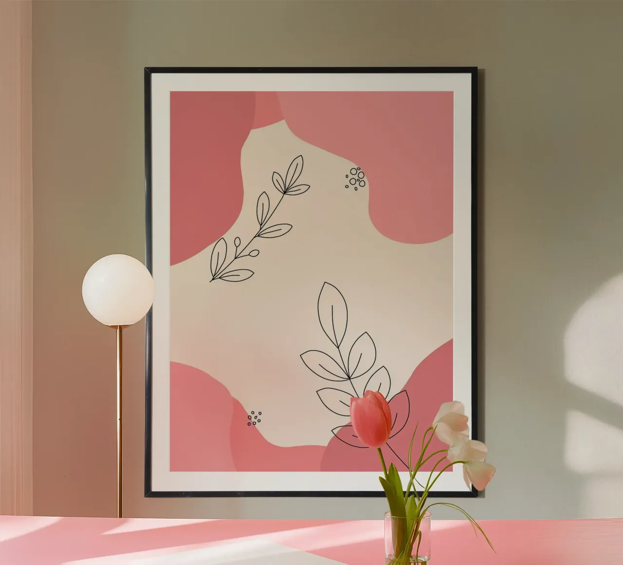Arte floreale astratta con accenti rosa poster con telaio in legno da Amelia Roy