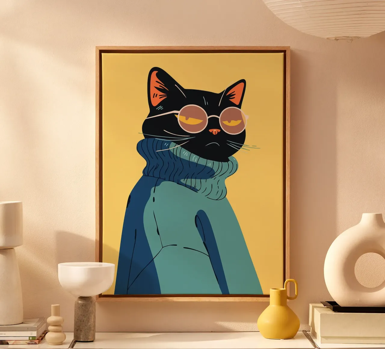 Gatto fresco con occhiali e maglione Pop Art minimalista Illustr. tela con Cornice a cassetta da Amelia Roy