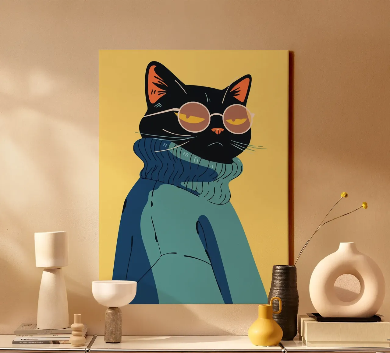Gatto fresco con occhiali e maglione Pop Art minimalista Illustr. tela con Cornice a cassetta da Amelia Roy
