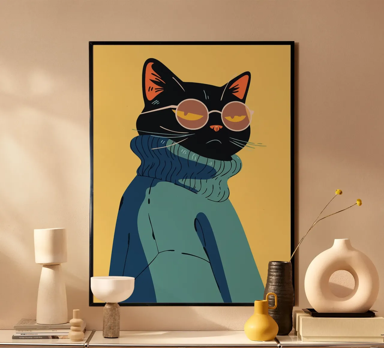 Gatto fresco con occhiali e maglione Pop Art minimalista Illustr. poster da Amelia Roy