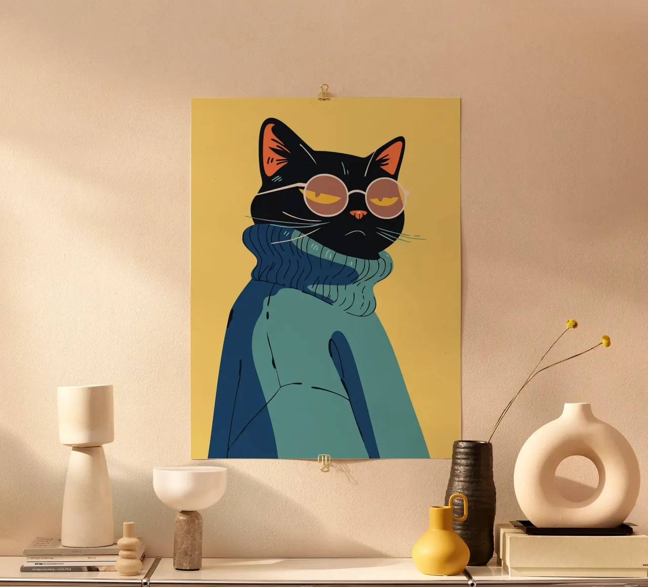 Gatto fresco con occhiali e maglione Pop Art minimalista Illustr. poster da Amelia Roy