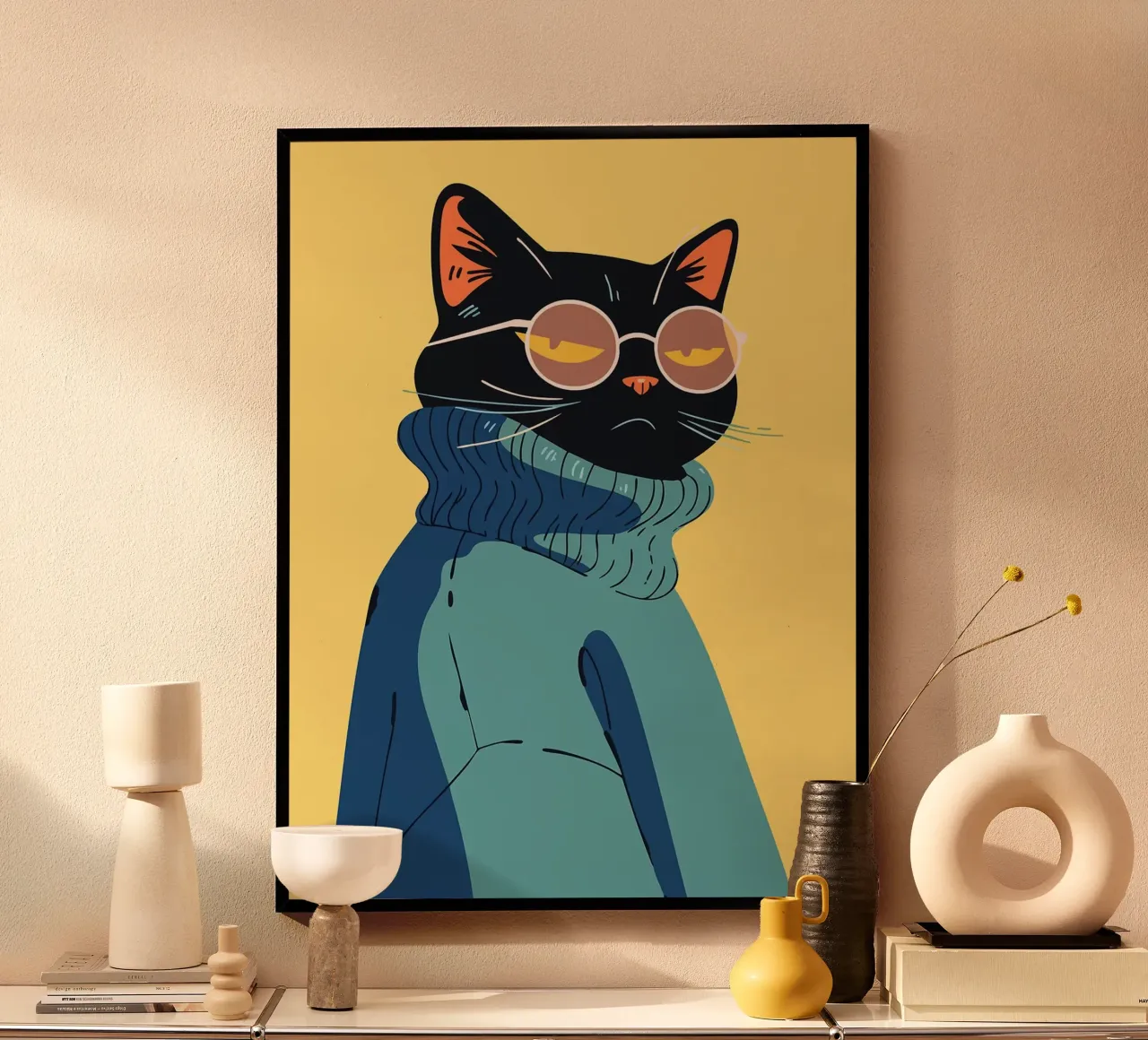 Gatto fresco con occhiali e maglione Pop Art minimalista Illustr. poster da Amelia Roy