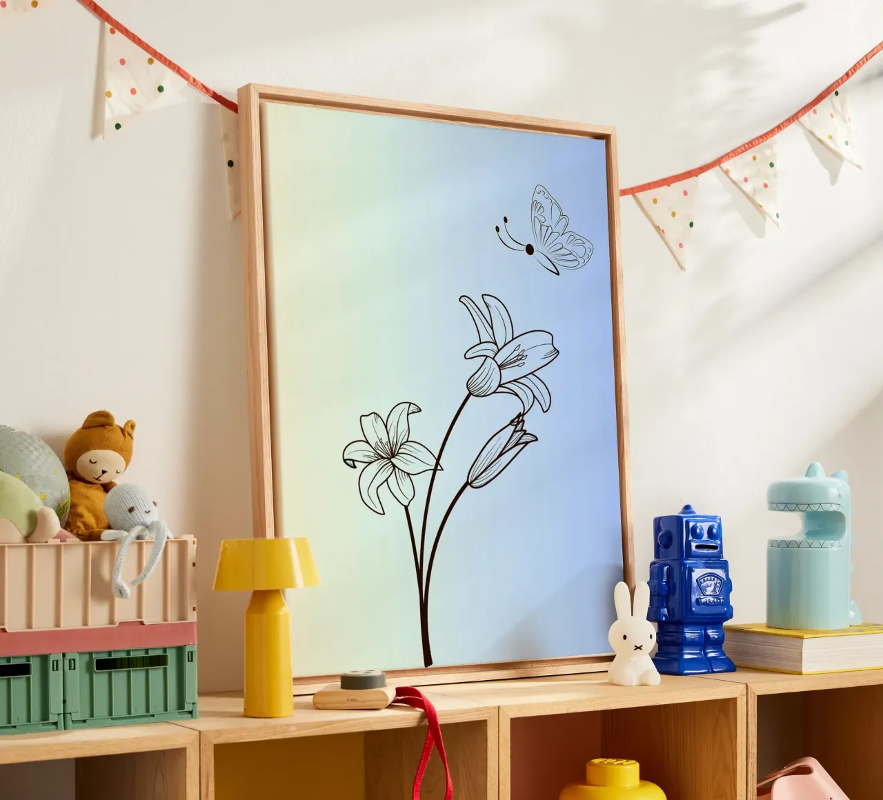 Line art floreale con farfalla tela con Cornice a cassetta da William Taylor