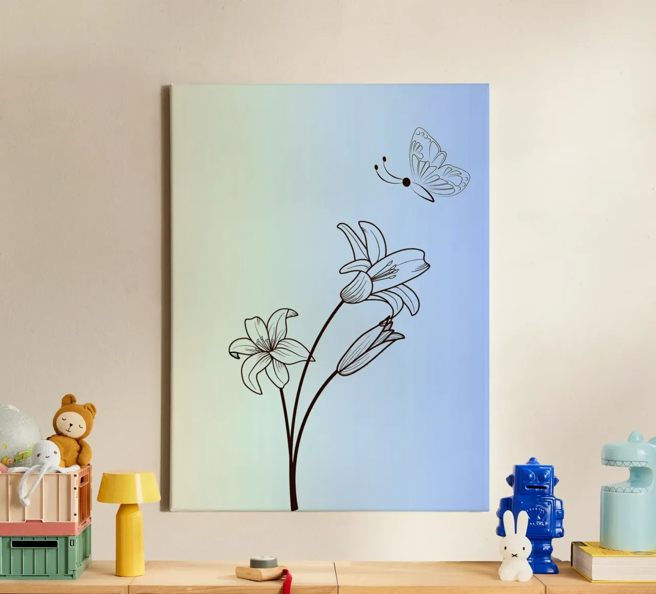 Line art floreale con farfalla tela con Cornice a cassetta da William Taylor