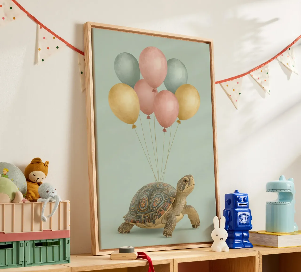 Tartaruga di compleanno con palloncini tela con Cornice a cassetta da DesignDoodle