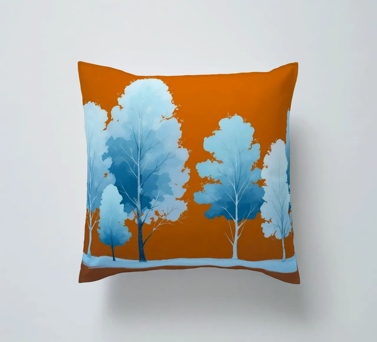 Azure Grove: Un tranquillo paesaggio invernale in un vibrante arancione cuscino da Artistic-shop