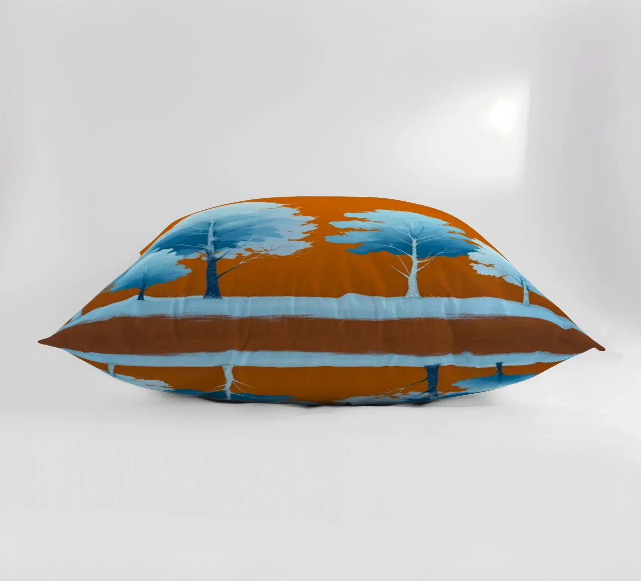 Azure Grove: Un tranquillo paesaggio invernale in un vibrante arancione cuscino da Artistic-shop