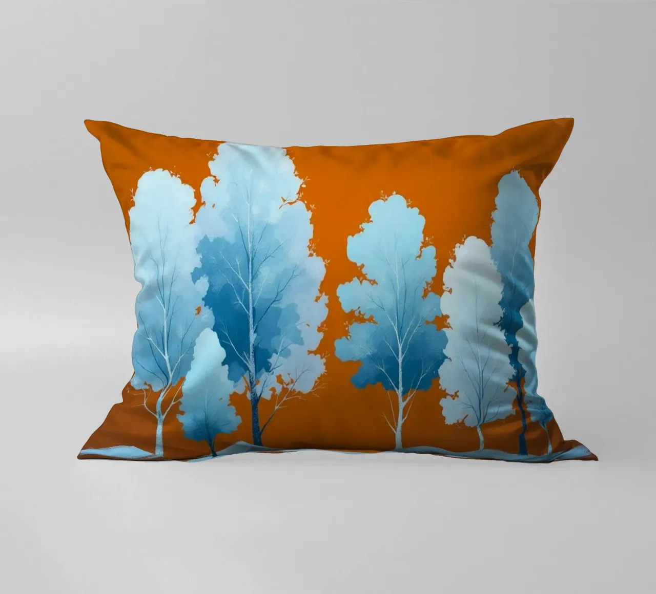 Azure Grove: Un tranquillo paesaggio invernale in un vibrante arancione cuscino da Artistic-shop