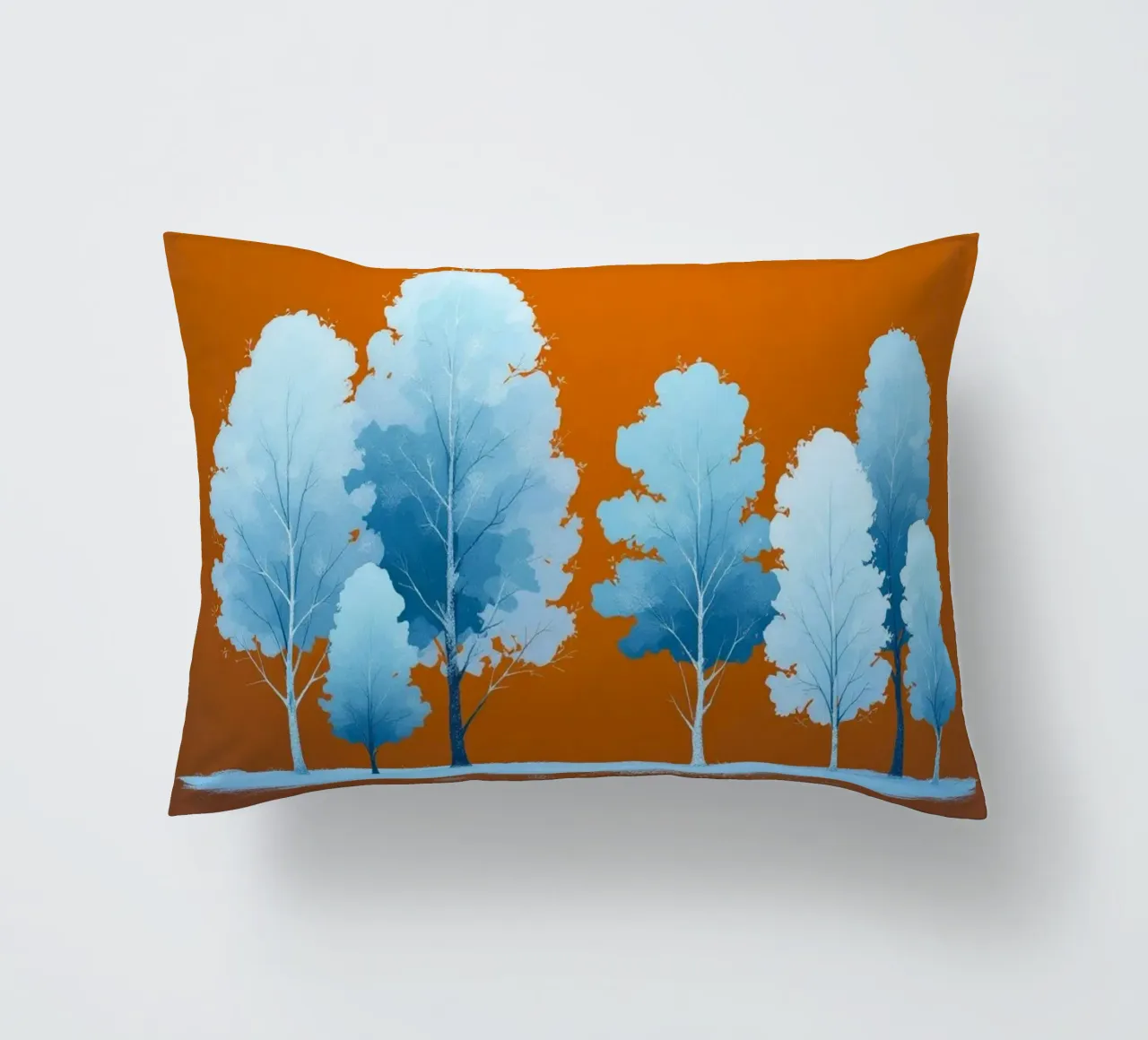Azure Grove: Un tranquillo paesaggio invernale in un vibrante arancione cuscino da Artistic-shop