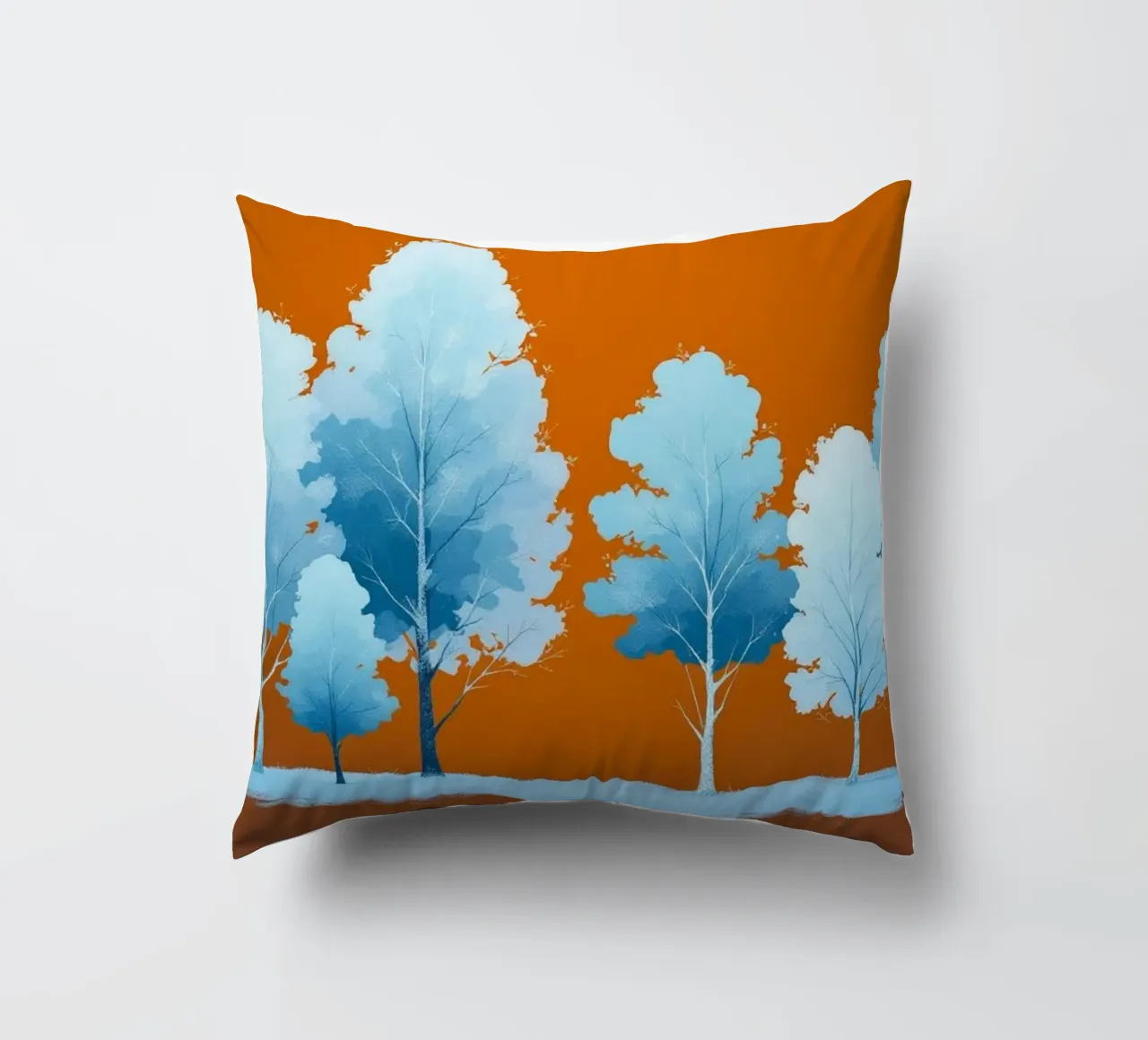 Azure Grove: Un tranquillo paesaggio invernale in un vibrante arancione cuscino da Artistic-shop