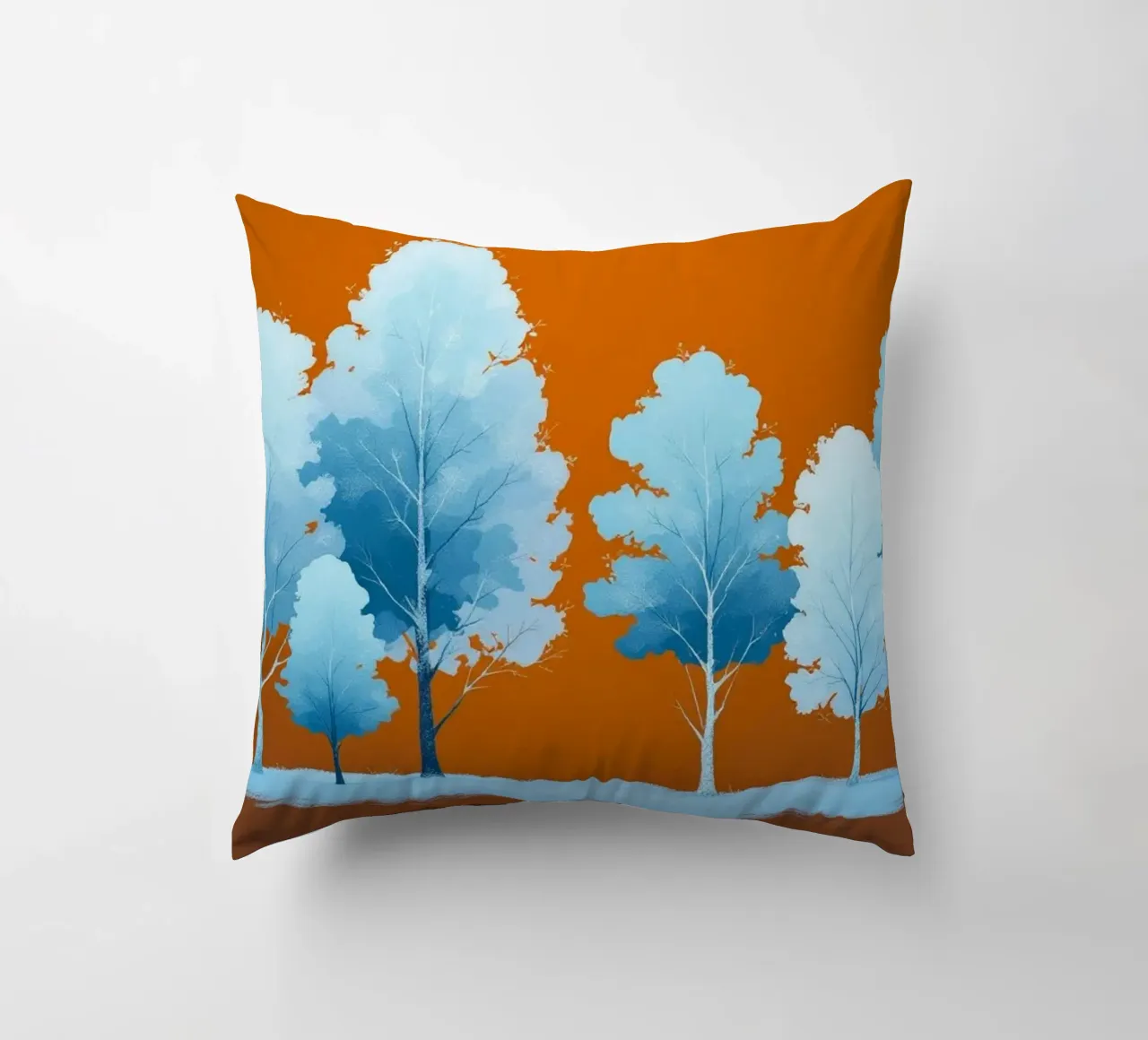 Azure Grove: Un tranquillo paesaggio invernale in un vibrante arancione cuscino da Artistic-shop