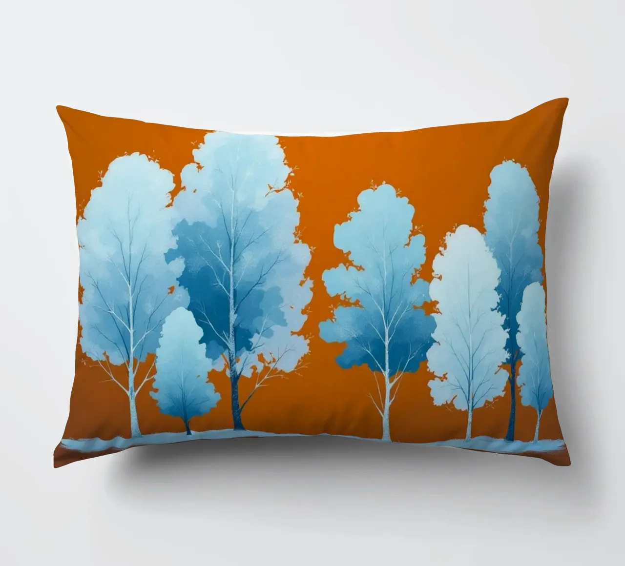 Azure Grove: Un tranquillo paesaggio invernale in un vibrante arancione cuscino da Artistic-shop