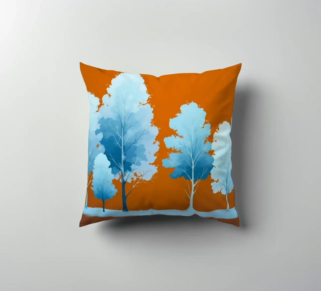 Azure Grove: Un tranquillo paesaggio invernale in un vibrante arancione cuscino da Artistic-shop