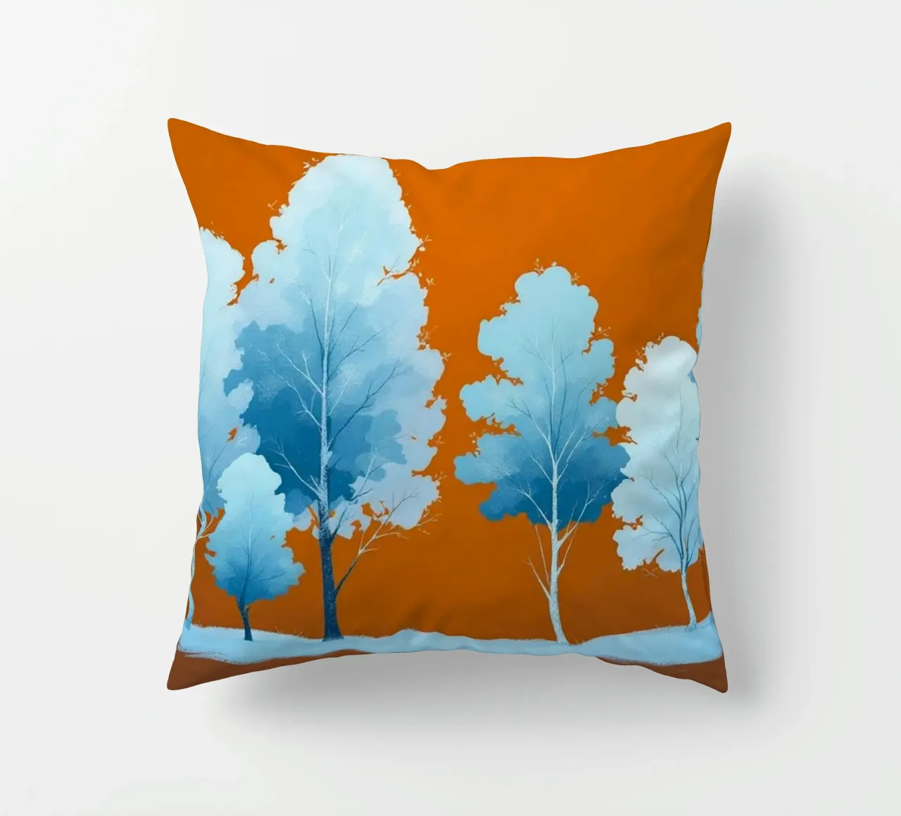 Azure Grove: Un tranquillo paesaggio invernale in un vibrante arancione cuscino da Artistic-shop