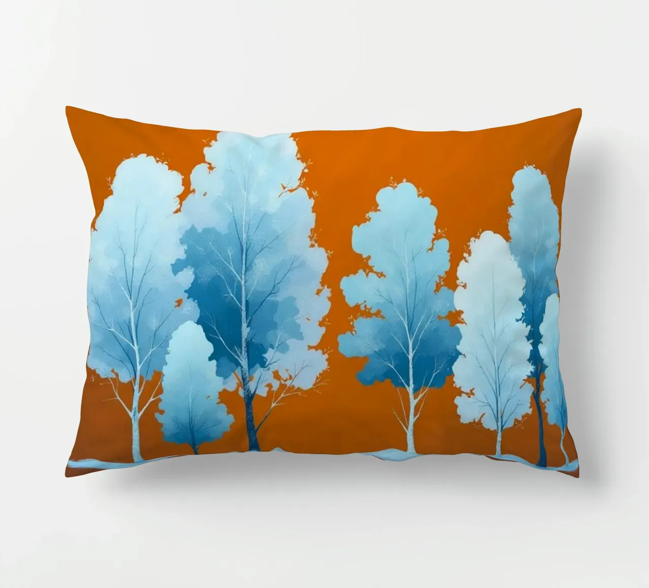 Azure Grove: Un tranquillo paesaggio invernale in un vibrante arancione cuscino da Artistic-shop