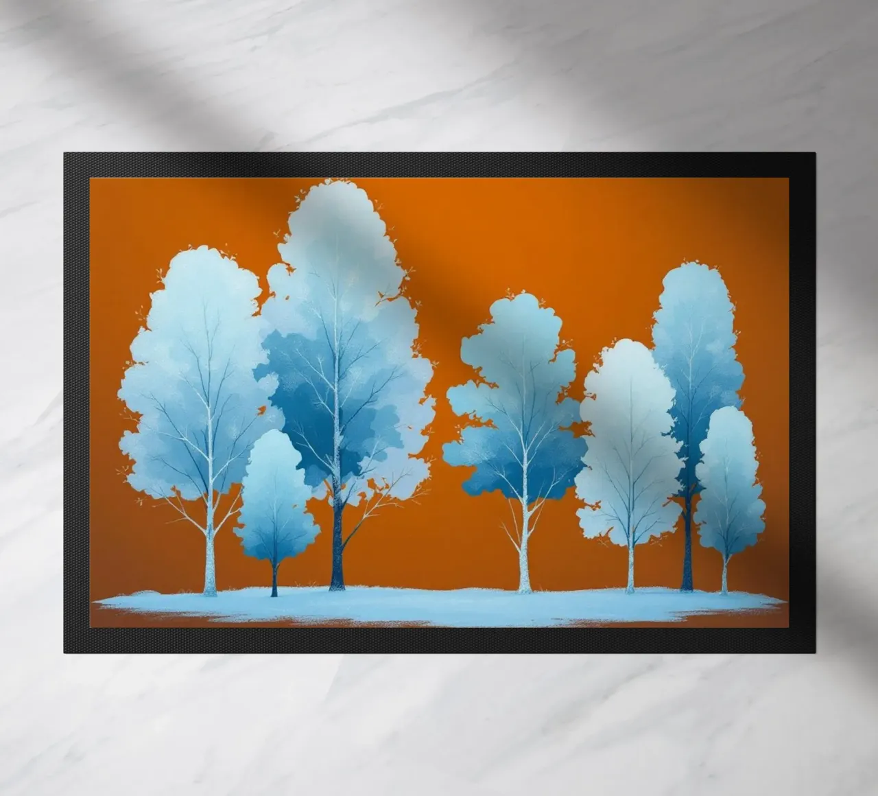 Azure Grove: Un tranquillo paesaggio invernale in un vibrante arancione zerbino da Artistic-shop