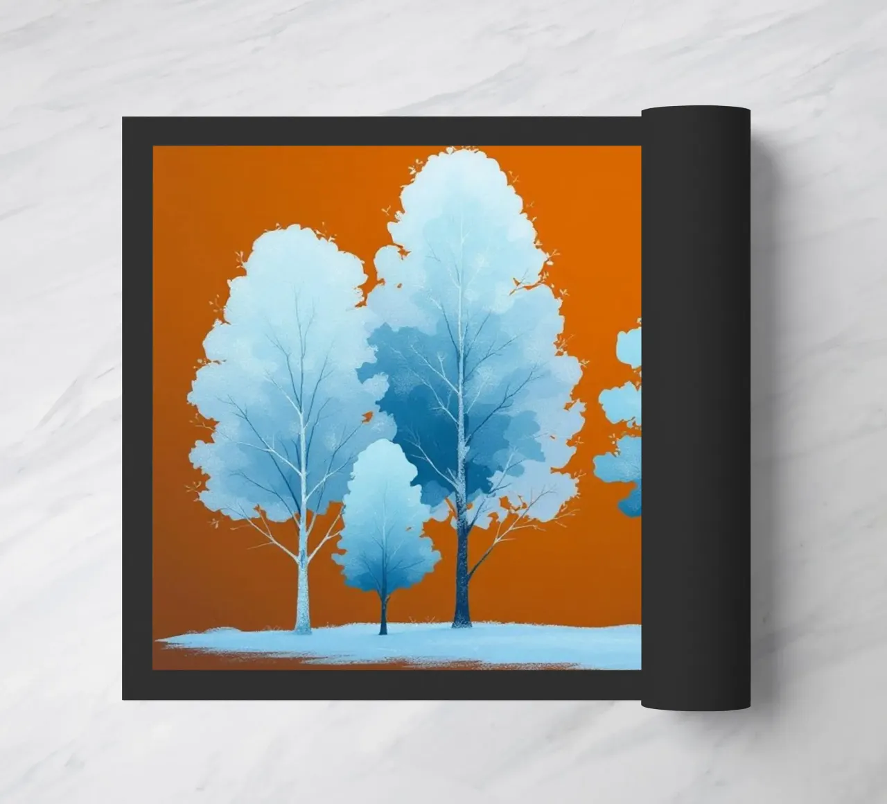 Azure Grove: Un tranquillo paesaggio invernale in un vibrante arancione zerbino da Artistic-shop