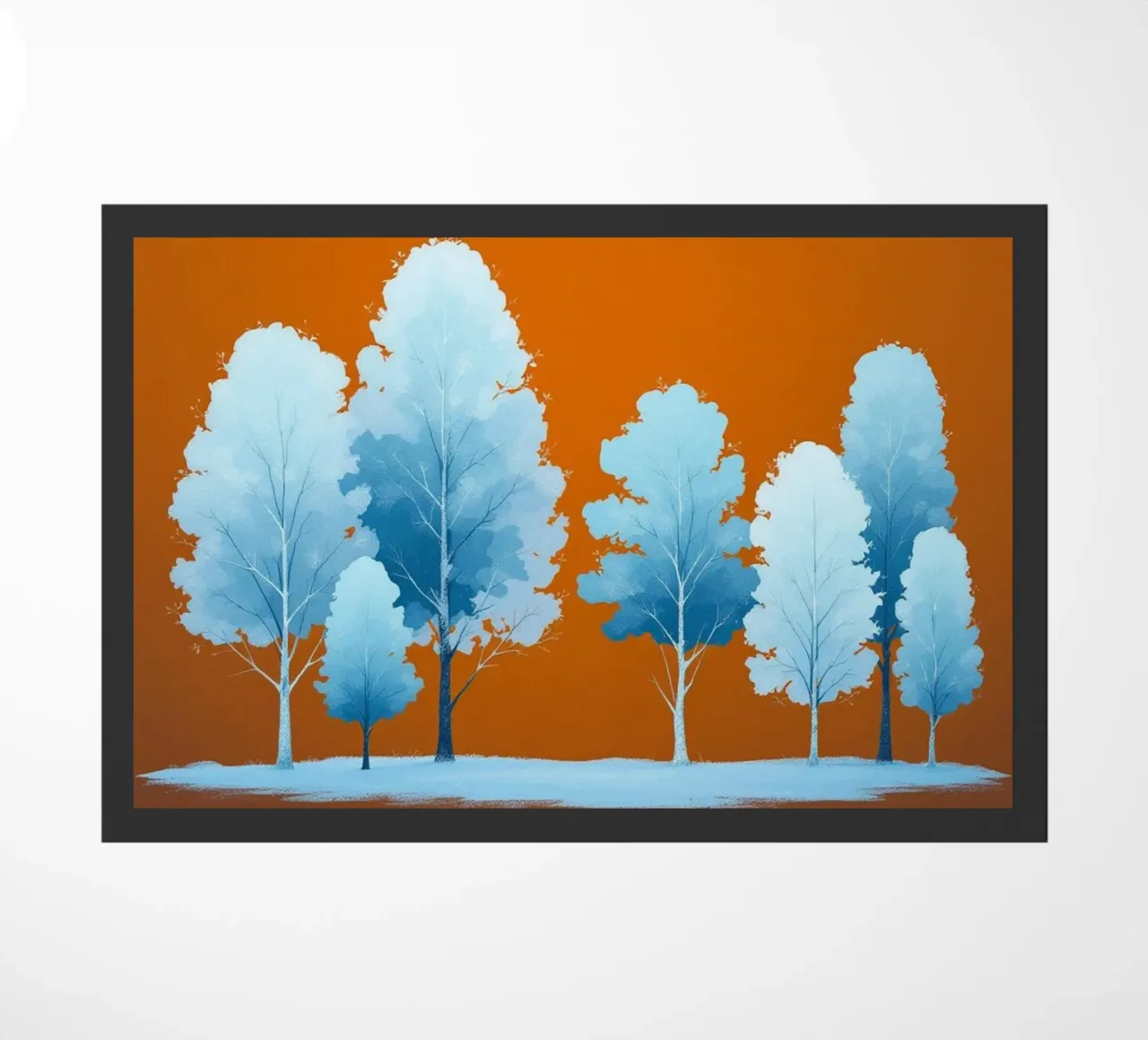Azure Grove: Un tranquillo paesaggio invernale in un vibrante arancione zerbino da Artistic-shop