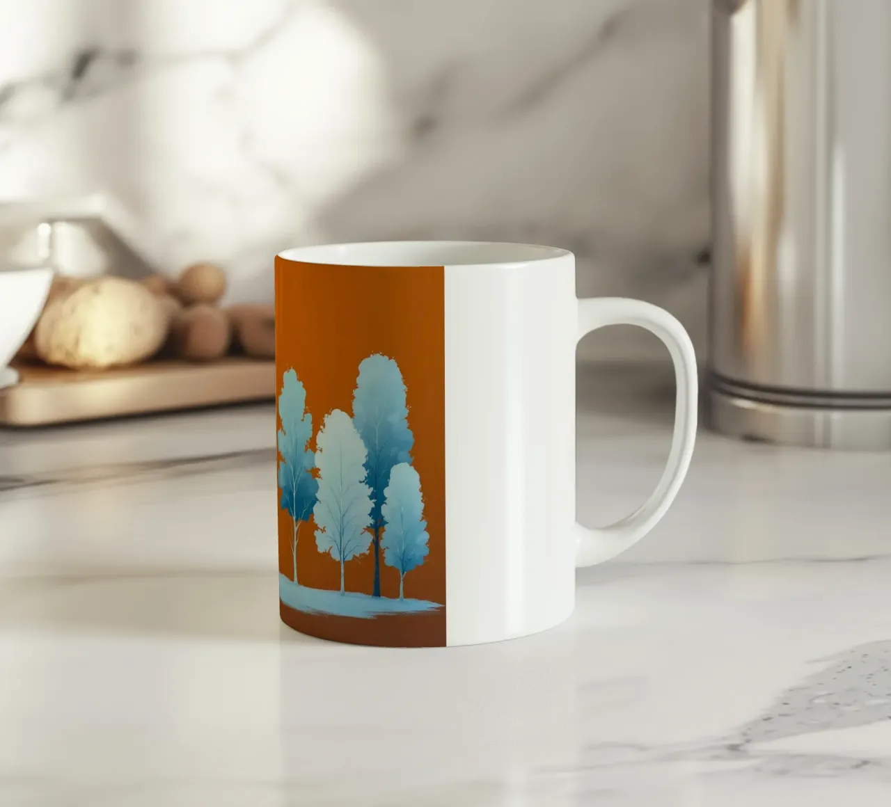 Azure Grove: Un tranquillo paesaggio invernale in un vibrante arancione tazza in ceramica da Artistic-shop
