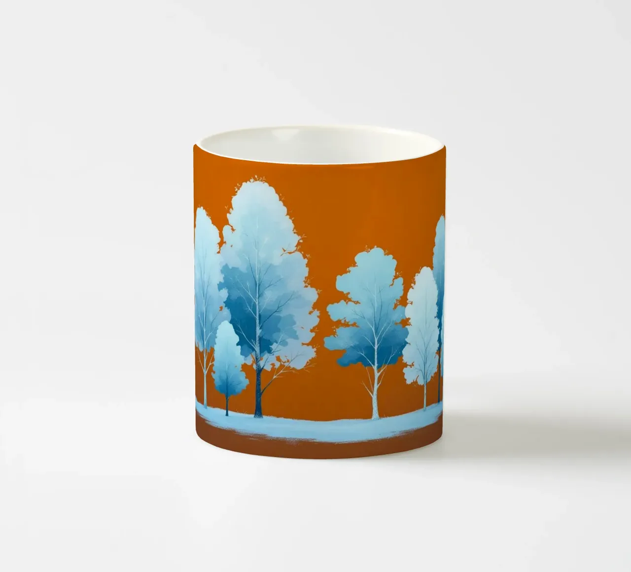 Azure Grove: Un tranquillo paesaggio invernale in un vibrante arancione tazza in ceramica da Artistic-shop