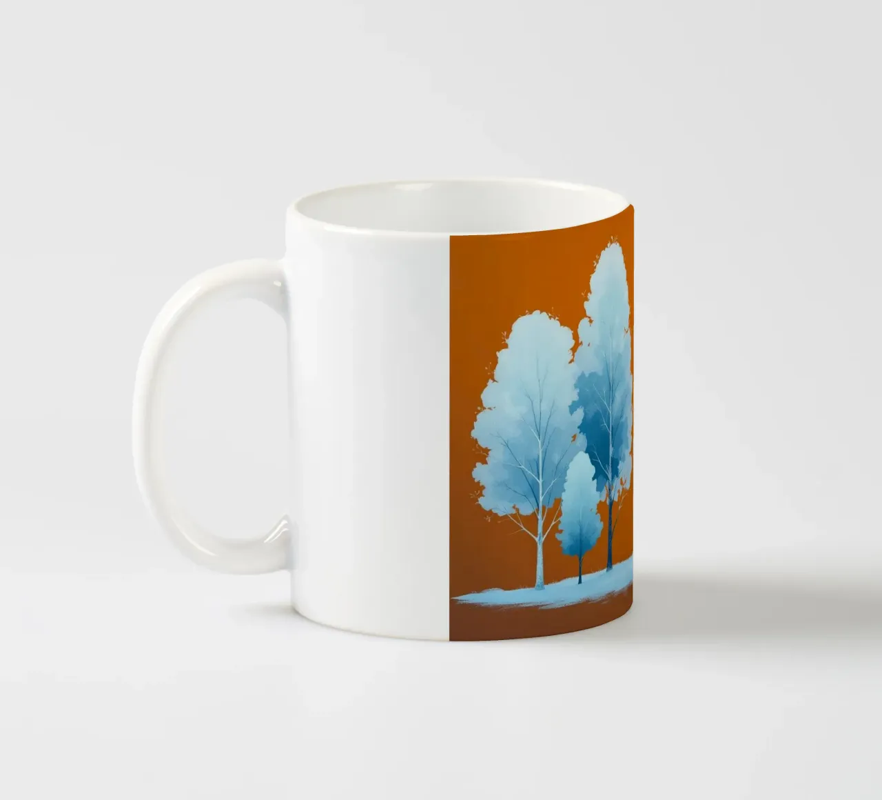Azure Grove: Un tranquillo paesaggio invernale in un vibrante arancione tazza in ceramica da Artistic-shop