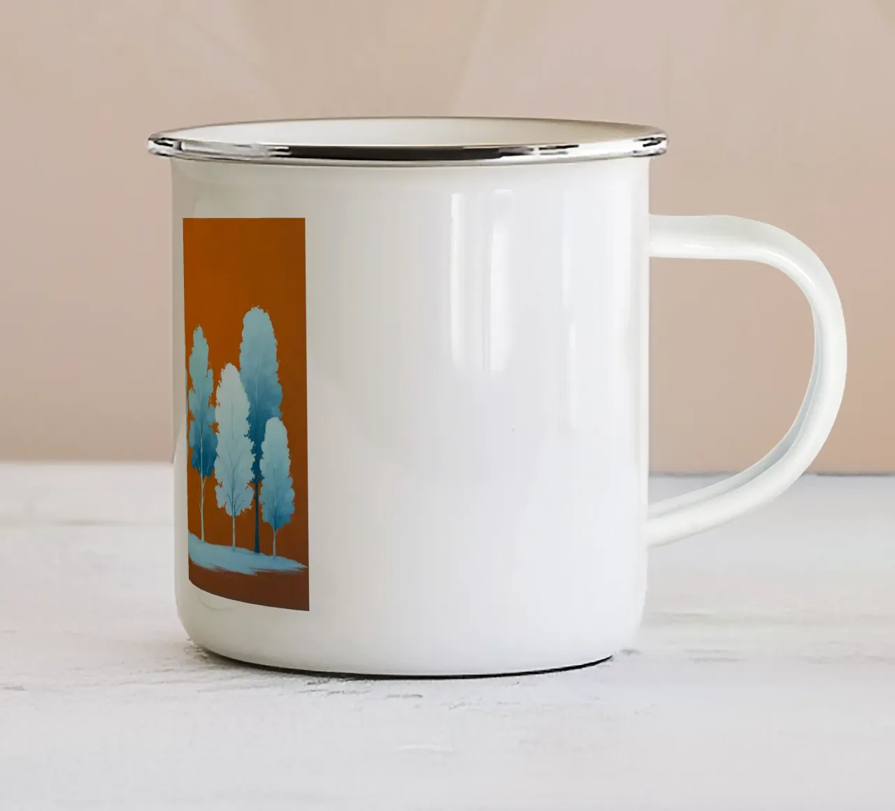 Azure Grove: Un tranquillo paesaggio invernale in un vibrante arancione tazza in smalto da Artistic-shop