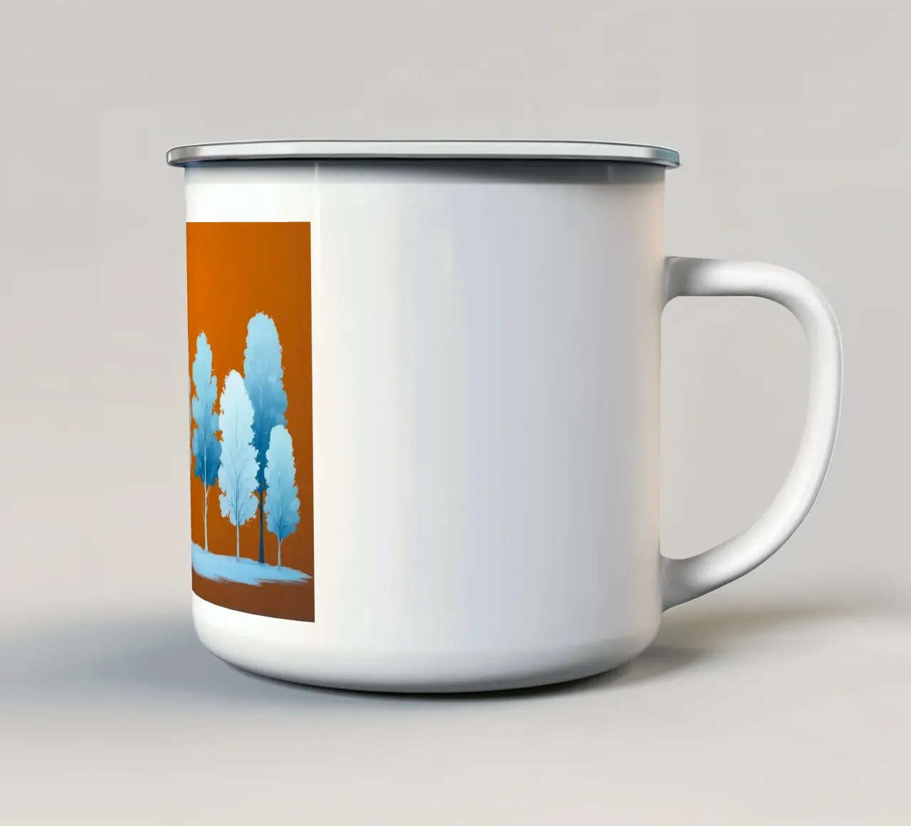 Azure Grove: Un tranquillo paesaggio invernale in un vibrante arancione tazza in smalto da Artistic-shop
