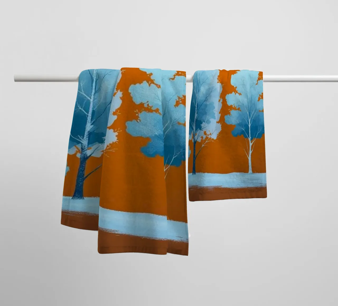 Azure Grove: Un tranquillo paesaggio invernale in un vibrante arancione asciugamano da bagno da Artistic-shop