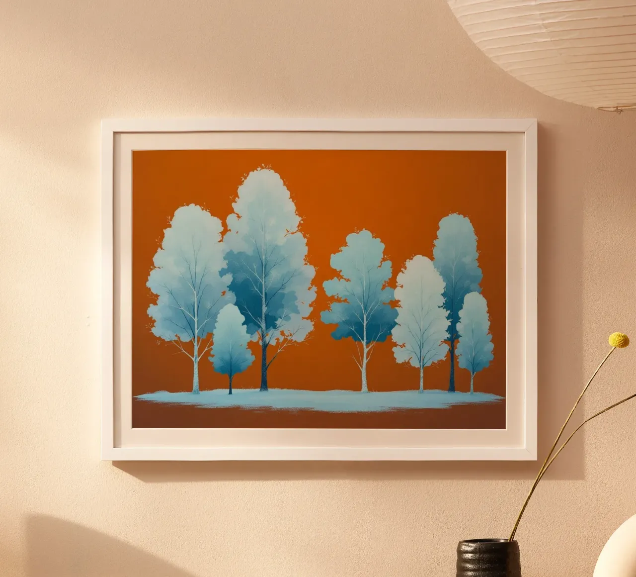 Azure Grove: Un tranquillo paesaggio invernale in un vibrante arancione poster da Artistic-shop