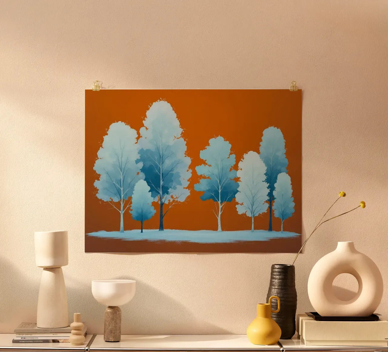 Azure Grove: Un tranquillo paesaggio invernale in un vibrante arancione poster da Artistic-shop