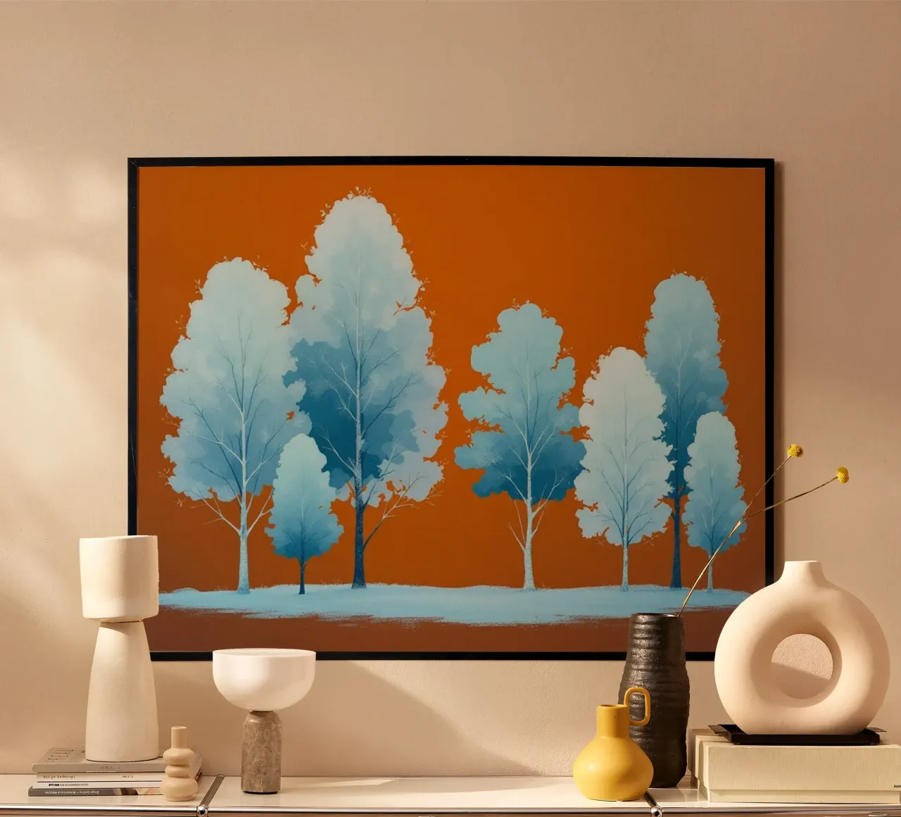Azure Grove: Un tranquillo paesaggio invernale in un vibrante arancione poster da Artistic-shop