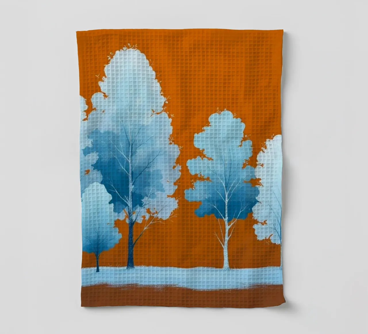 Azure Grove: Un tranquillo paesaggio invernale in un vibrante arancione canovaccio da cucina da Artistic-shop