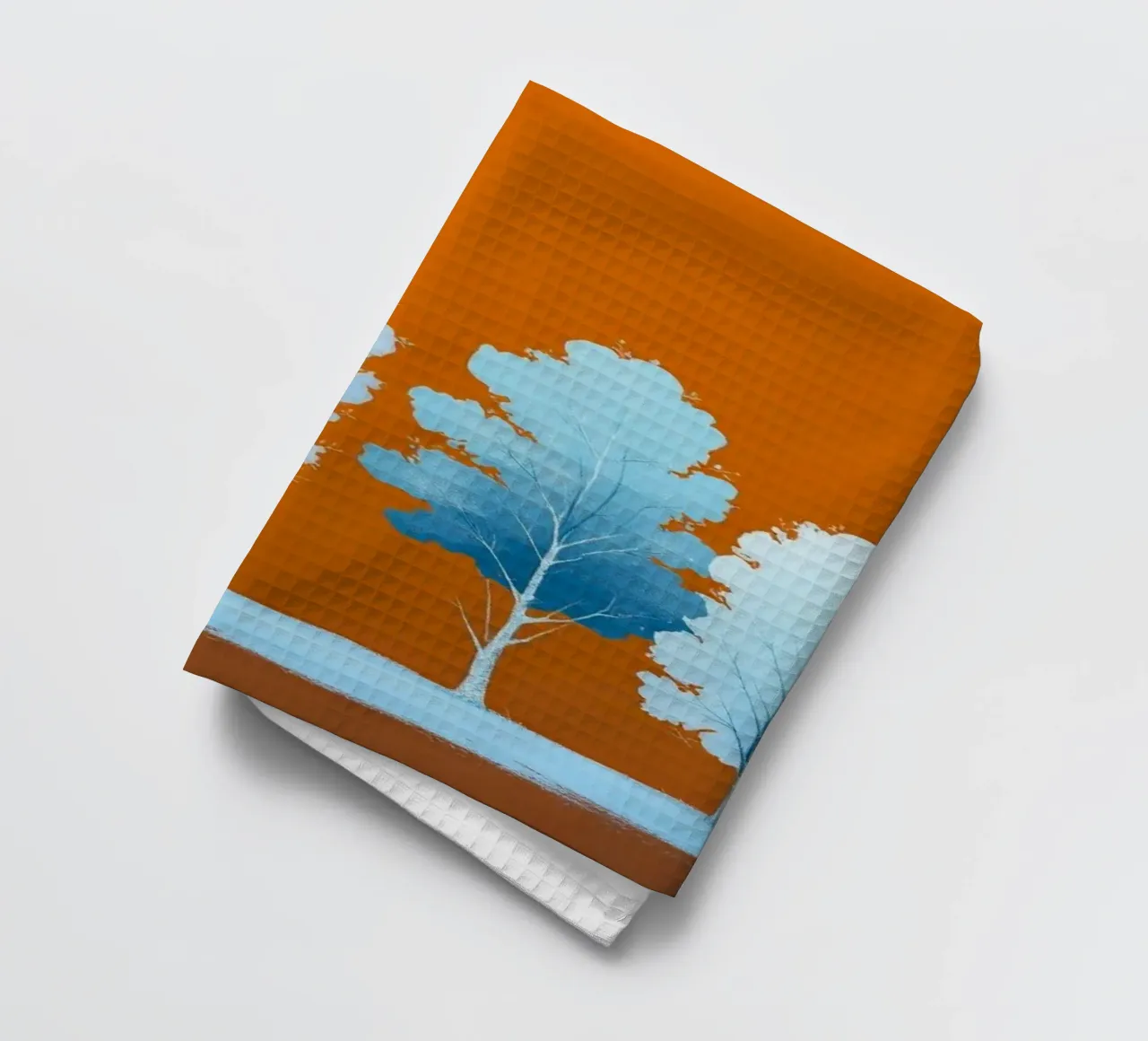Azure Grove: Un tranquillo paesaggio invernale in un vibrante arancione canovaccio da cucina da Artistic-shop