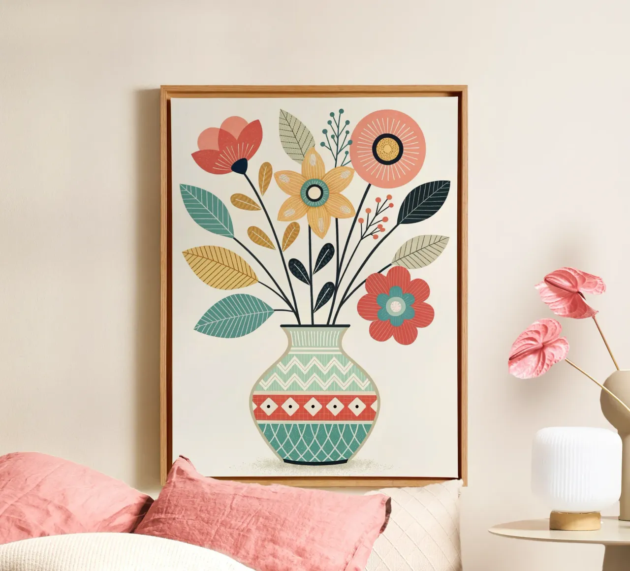 Ramo de flores bohemio con motivos folclóricos en un jarrón estampado lienzo con Marco flotante de Artistic-shop